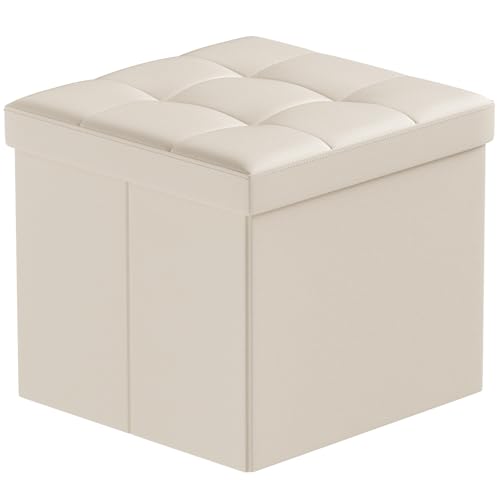 BRIAN & DANY Sitzhocker mit Stauraum, Faltbar Sitzbank Klein Hocker mit Deckel, Leder Fußhocker Aufbewahrungsbox Gepolstert für Wohnzimmer Schlafzimmer, Beige, 38 x 38 x 38cm von BRIAN & DANY