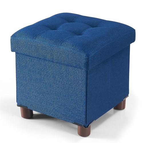 BRIAN & DANY Sitzhocker mit Stauraum 32x32x32.5cm, Faltbar Sitzbank Sitztruhe Sitzwürfel Hocker mit Stauraum und Deckel mit Holzfüßen, Blau von BRIAN & DANY