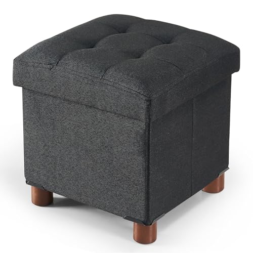 BRIAN & DANY Sitzhocker mit Stauraum 32x32x32.5 cm, Faltbar Sitzbank Sitztruhe Sitzwürfel Hocker mit Stauraum und Deckel mit Holzfüßen, Schwarz von BRIAN & DANY
