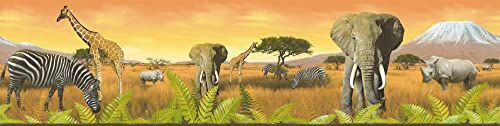 Afrika Tapeten Bordüre in Orange und Grün | Tapetenbordüre mit Elefant und Giraffe ideal für Kinderzimmer und Wohnzimmer von BRICOFLOR