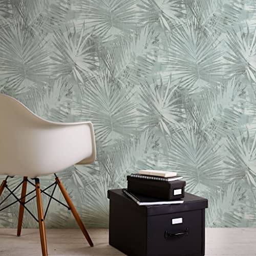 BRICOFLOR Blätter Tapete in Grau Blau | Leinen Palmentapete in Aquarell Optik skandinavisch | Farn Vliestapete mit Palmenblätter Muster für Wohnzimmer | Rolle (10,05 x 0,53 m) = 5,33 m² von BRICOFLOR