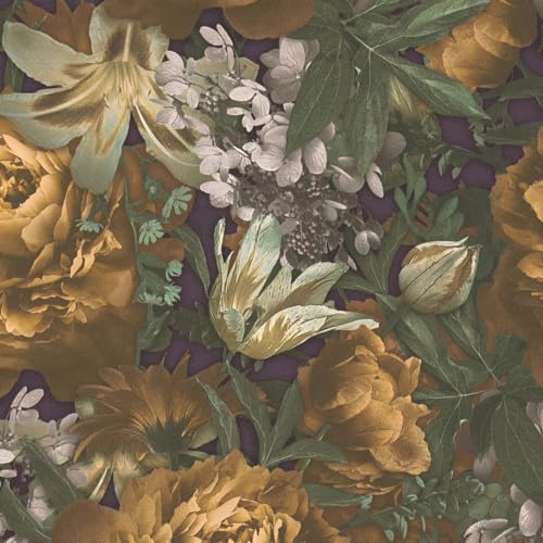 BRICOFLOR Blumentapete im Vintage Stil dunkel 3D Tapete mit Blumen in Gelb Grün und Lila Vliestapete floral für Wohnzimmer von BRICOFLOR