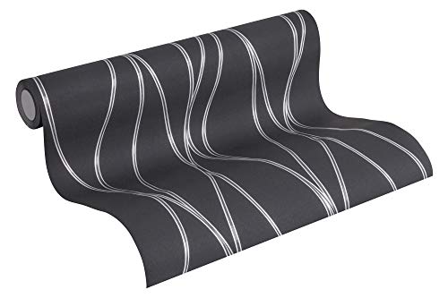 BRICOFLOR Geometrisch Tapete | Gestreifte Tapete in Schwarz Weiß | Wohnzimmer und Schlafzimmer Tapete mit dünnen Linien | Vinyl Vliestapete mit Wellenmuster von BRICOFLOR