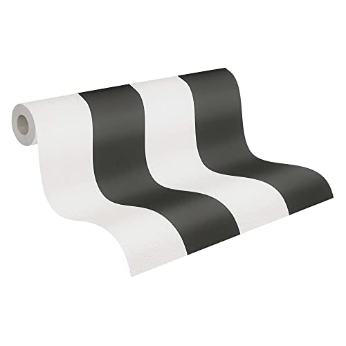 BRICOFLOR Gestreifte Tapeten | Klassische Tapete schwarz weiß gestreift | Vlies Wandtapete mit Blockstreifen für Wohnzimmer und Esszimmer | Streifentapete in Textiloptik mit Vinyl von BRICOFLOR