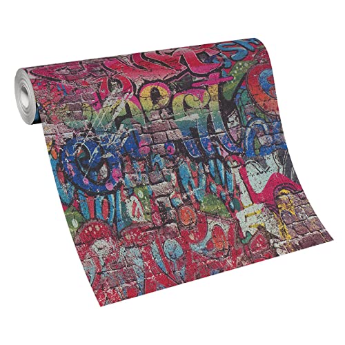 BRICOFLOR Graffiti Tapete bunt | Urbane Papiertapete in Steinoptik ideal für Teenager und Jugendzimmer | Ausgefallene Papier Mustertapete mit Mauer Design von BRICOFLOR
