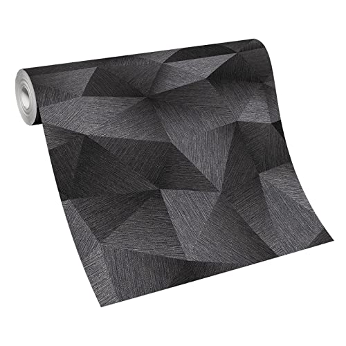 BRICOFLOR Schwarze Tapete mit Dreieck Muster in 3D Optik | Metallic Vliestapete geometrisch in Anthrazit | Moderne Mustertapete grafisch für Wohnzimmer von BRICOFLOR