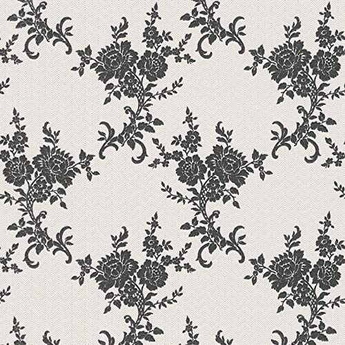 Barock Tapete in Schwarz Weiß | Florale Papiertapete mit Vinyl für Wohnzimmer und Schlafzimmer | Elegante Wandtapete mit Zickzack Muster und Blumen von BRICOFLOR