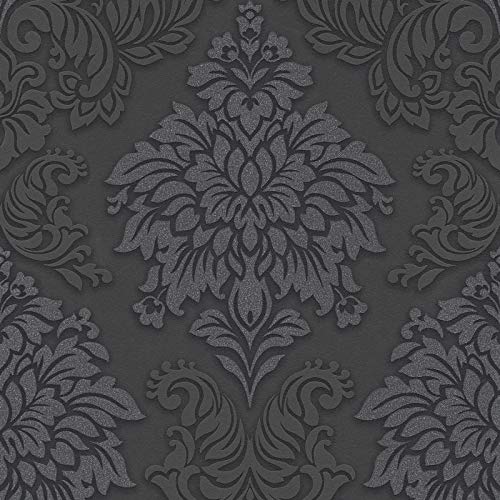 Barock Tapete mit Glitzer Effekt | Neobarock Vliestapete in Schwarz Anthrazit für Esszimmer und Schlafzimmer | Vlies Wandtapete mit Ornament Muster| Rolle (10,05 x 0,53 m) = 5,33 m² von BRICOFLOR