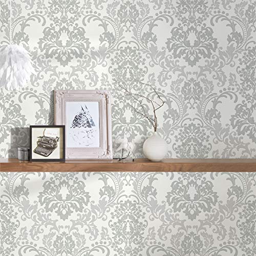 Barock Tapete mit Silber Glitzer Effekt | Vlies Barocktapete weiß grau elegant | Ornament Vliestapete edel ideal für Schlafzimmer und Esszimmer | Grau Weiß | Rolle (10,05 x 0,53 m) = 5,33 m² von BRICOFLOR