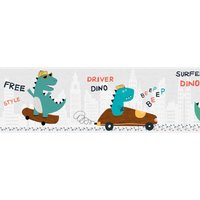 Dino Tapete als Bordüre selbstklebend für Kinderzimmer Jungentapete mit Dinosaurier in Grau und Grün Tapetenbordüre ideal für Jungenzimmer - Green, von BRICOFLOR