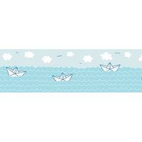 Kinderzimmer Bordüre maritim in Blau Wolken Tapete mit Boot und Meer ideal für Babyzimmer Selbstklebende Bordüre aus Vlies - Blau, White von BRICOFLOR