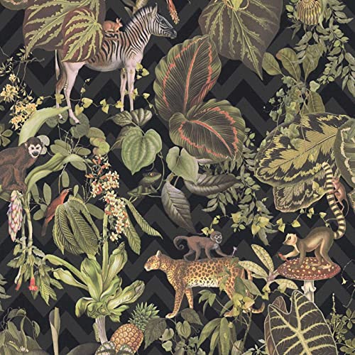 Dschungel Tapete in Dunkelgrün | Tropische Vliestapete mit Zick Zack Muster Affe und Zebra in Olivgrün | Wohnzimmer Wandtapete im Urban Jungle Stil | 10,05 x 0,53 m von BRICOFLOR