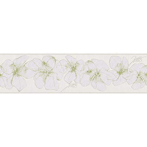 Florale Tapeten Bordüre in Weiß und Grün | Moderne Tapetenbordüre mit Blumen | Grüne Vlies Tapetenborte mit Vinyl für Küche und Badezimmer von BRICOFLOR