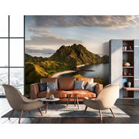 Fototapete | Berge Wolken Landschaft Blauer Himmel Meer Insel Bucht Schlafzimmer-, Wohnzimmer-, Flurtapete 3, 50 M X 2, 55 von BRICOFLOR