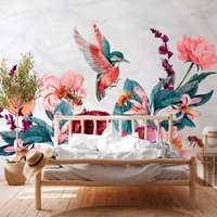 Fototapete | Flying Colibri Blumentapete Vögel Floral Gemalte Blumen Schlafzimmer-, Wohnzimmer-, Flurtapete 3, 50 M X 2, 55 von BRICOFLOR