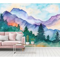 Fototapete | Mountain Paint Wasserfarbe Wald Berge Natur Landschaft Schlafzimmer-, Wohnzimmer-, Flurtapete 3, 50 M X 2, 55 von BRICOFLOR