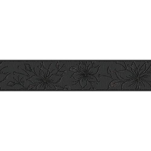 Glitzer Tapetenbordüre in Schwarz | Selbstklebende Tapeten Bordüre mit Blumen | Florale Tapetenborte ideal für Wohnzimmer und Flur von BRICOFLOR