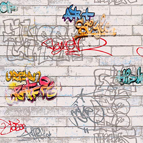 Graffiti Tapete für Jungenzimmer | Coole Tapete in Steinoptik für Jungs | Backstein Tapete mit buntem Graffiti für Kinderzimmer von BRICOFLOR