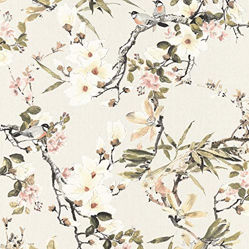 Japanische Kirschblüten-Tapete | Tapete mit Blumen Vögel Shabby Chic Look | Vliestapete japanischer Stil für Schlafzimmer, Gästezimmer! von BRICOFLOR