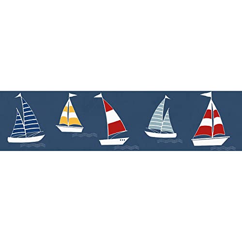 Kinder Tapete mit Segelboot als Bordüre selbstklebend | Tapetenbordüre für Kinderzimmer in Blau | Vlies Kindertapete maritim für Jungen und Mädchen von BRICOFLOR