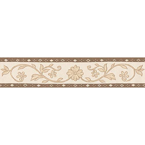 Landhaus Tapetenbordüre aus Papier und Vinyl | Blumen Tapeten Bordüre in Beige und Braun | Mediterrane Tapetenborte mit Raute für Küche und Flur von BRICOFLOR