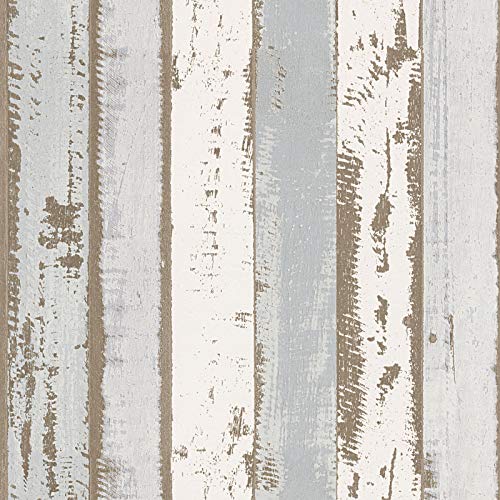 Maritim Tapete in Holzoptik | Vintage Vliestapete mit Holz Design für Badezimmer und Schlafzimmer | Shabby Tapete in Weiß und Hellblau von BRICOFLOR