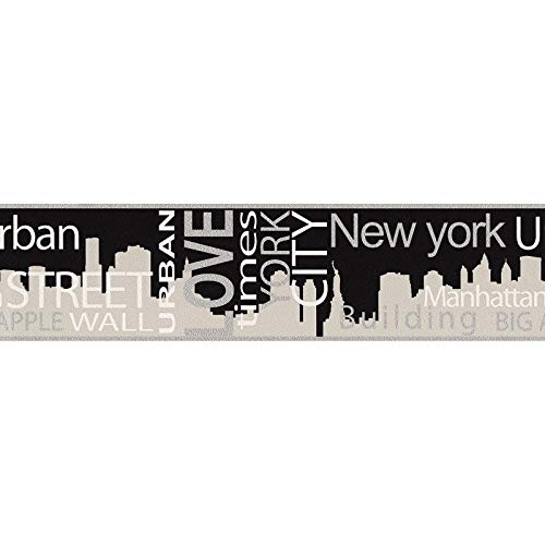 New York Tapetenbordüre modern | Schriftzug Tapeten Bordüre in Schwarz und Grau ideal für Küche und Jugendzimmer | Vlies Wandbordüre mit Vinyl von BRICOFLOR