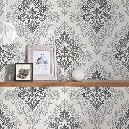 Ornament Tapete schwarz weiß grau | Barock Vliestapete nostalgisch ideal für Esszimmer und Wohnzimmer | Elegante Wandtapete mit Vinyl von BRICOFLOR