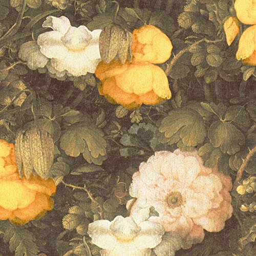Pfingstrosen Tapete gemalt | Gemälde Vliestapete mit Blumen in Grün Gelb Weiß | Vintage Blumentapete mit Rosen ideal für Esszimmer und Schlafzimmer | Rolle (10,05 x 0,53 m) = 5,33 m² von BRICOFLOR