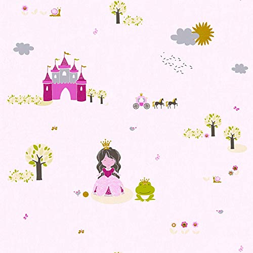 Prinzessin Tapete in Rosa Pink | Froschkönig Vliestapete mit Märchen Muster ideal für Kinderzimmer von Mädchen | Vlies Kindertapete für Mädchenzimmer von BRICOFLOR