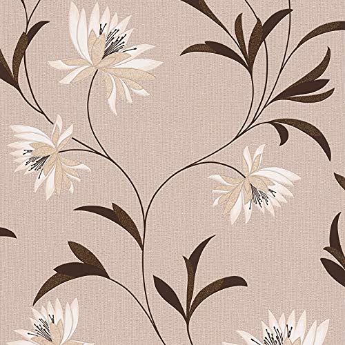 Ranken Tapete floral | Vinyl Papiertapete mit Blumen in Beige Weiß Gold | Elegante Blumentapete mit Blätter Design für Wohnzimmer und Schlafzimmer von BRICOFLOR