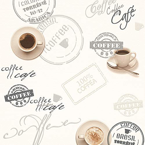 Retro-Tapete Küche | Kaffee-Tapete weiß grau crème | Papiertapete für Küche | Küchentapete Kaffee | Jetzt Cafe-Tapeten online kaufen! von BRICOFLOR