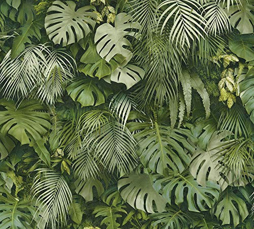 Tapete mit Palmenblättern in Grün | 3D Tapete mit Monstera Design für Küche und Schlafzimmer | Exotische Vliestapete mit Dschungel Muster von BRICOFLOR