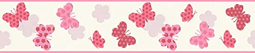 Tapeten Bordüre mit Schmetterling | Pinke Tapete für Mädchenzimmer | Rosa Tapetenbordüre aus Vlies und Vinyl ideal für Babyzimmer von Mädchen von BRICOFLOR