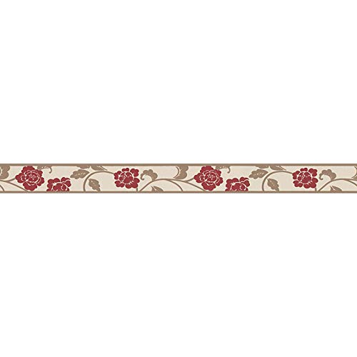 Tapetenbordüre mit Blumen für Schlafzimmer und Esszimmer | Selbstklebende Bordüre in Rot und Beige | Schmale Tapetenborte aus Vlies und Vinyl von BRICOFLOR