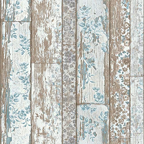 Vintage Tapete in Holzoptik | Vliestapete mit Holzbretter Design im Shabby Chic in Braun Blau | Vlies Holztapete mit Blumen für Küche und Flur | Rolle (10,05 x 0,53 m) = 5,33 m² von BRICOFLOR