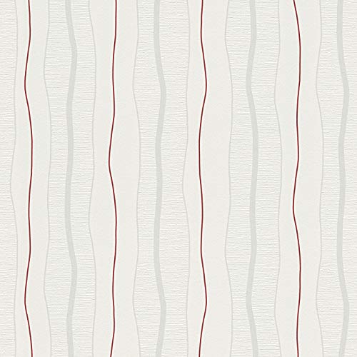 Weiße Vliestapete gestreift | Esszimmer und Wohnzimmer Tapete mit dünnen Streifen in Rot und Grau | Moderne Streifentapete mit Linienmuster von BRICOFLOR