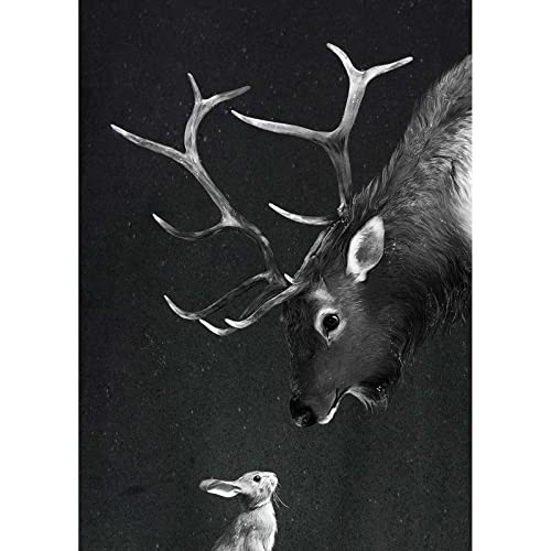 BRICOFLOR Hirsch Bild mit Hase | Schwarz weiß Bild auf Leinwand mit Tier Motiv im Winter Look | Besonderes Wandbild ideal für Wohnzimmer und Schlafzimmer von BRICOFLOR