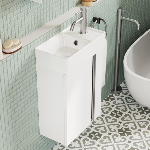BRIDGE BENO Badezimmerschrank 40 cm – Badmöbel Set mit Waschbecken, Waschtisch Gäste WC, Kleines Waschbecken mit Unterschrank, Waschtischplatte für Aufsatzwaschbecken (Weiß Matt) von BRIDGE BENO