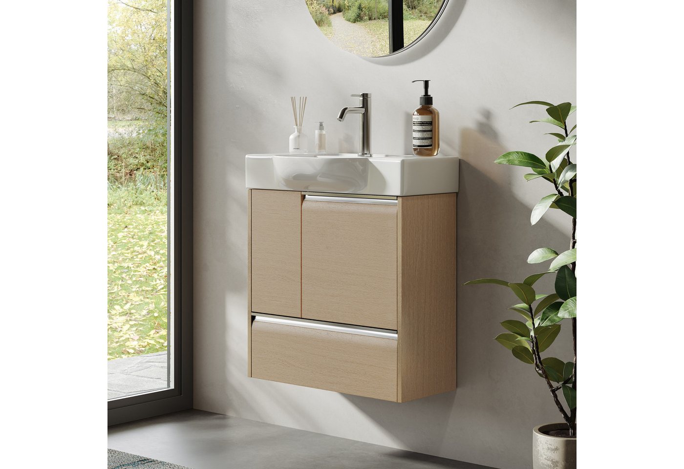 BRIDGE BENO Badmöbel-Set 60 cm Badezimmermöbel-Set, Waschbeckenunterschrank, mit Soft-Close-Schublade & 2 Türen, Stauraum, Honey Oak von BRIDGE BENO