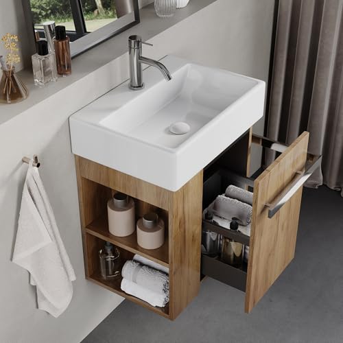 BRIDGE BENO 50 cm Badezimmerschrank Mit Keramikwaschbecken, Soft-Close-Schublade, Handtuchhalter, Links-/rechts-Option, Europäische Eiche von BRIDGE BENO