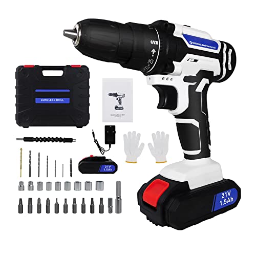 Leistungsstarkes Akku-Bohrschrauber Set 25+1 Drehmomenteinstellung 45N.m Drehmoment 3/8'' Keyless Chuck 21V Elektro-Bohrschrauber mit 26Stk Bohrer Bits 2Stk 1.5Ah Li-Ion Batterien Ladegerät Weiß von BRIEFNESS
