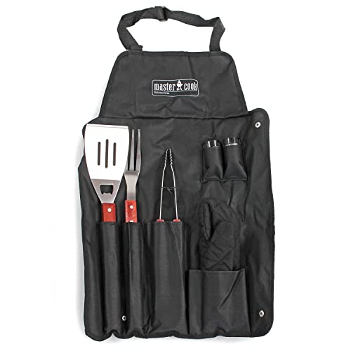 MasterCook Professionelles Grillzubehör-Set aus Stahl mit Grillschürze, BBQ-Zubehör-Set mit Zange, Gabel, Spatel und Handschuh, Grillzubehör von Brigros