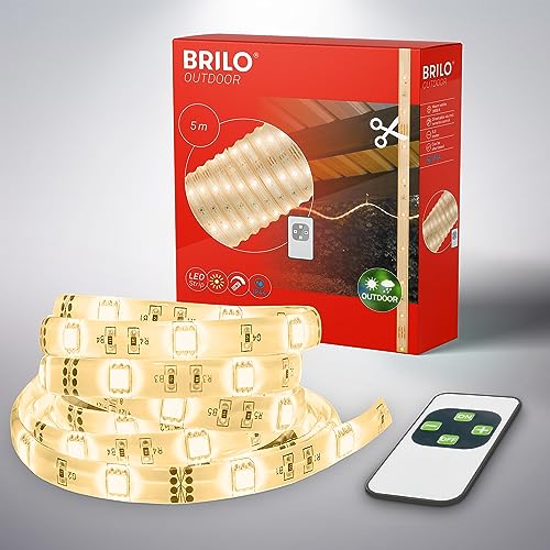 BRILONER – 5m LED Strip Aussenbereich, LED Streifen, Deko Lichterkette Außen, Leiste, Balkon Deko, Warmweißes Licht, Fernbedienung, IP44 Spritzwasserschutz von BRILONER