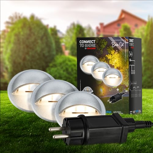 BRILONER - Connect to Shine 12V Gartensystem 3er Set Bodeneinbaustrahler mit Seitenlicht, Basisset mit Trafo, IP65, warmweißes Licht, Gartenbeleuchtung, Bodeneinbauleuchten, 35x36 mm, Silberfarbig von Briloner Leuchten