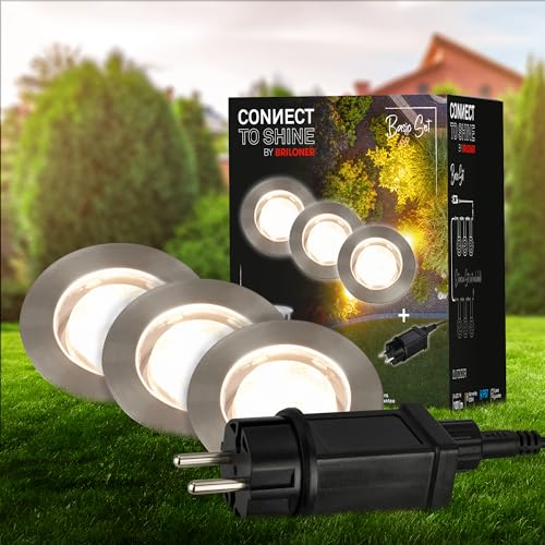 BRILONER - Connect to Shine 12V Gartensystem 3er Set LED Bodeneinbaustrahler, Basisset mit Trafo, IP67, warmweißes Licht, Gartenbeleuchtung, Bodeneinbauleuchten, 45x 25mm, Silberfarbig von Briloner Leuchten