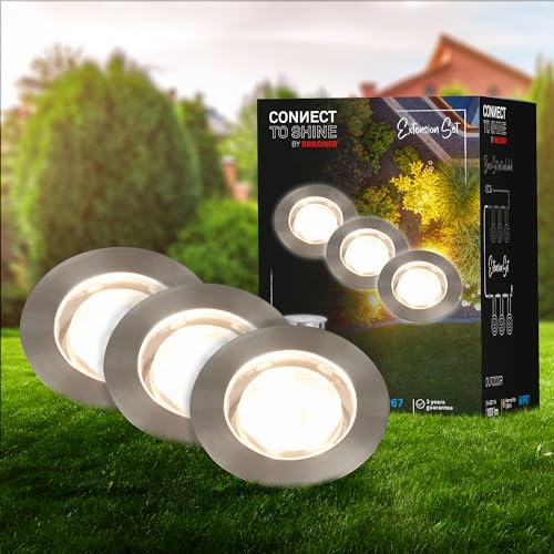 BRILONER - Connect to Shine 12V Gartensystem 3er Set LED Bodeneinbaustrahler, Erweiterungsset, IP67, warmweißes Licht, Gartenbeleuchtung, Bodeneinbauleuchten, 45x 25mm, Silberfarbig von Briloner Leuchten