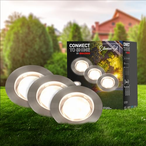 BRILONER - Connect to Shine 12V Gartensystem 3er Set LED Bodeneinbaustrahler mit Hülse, Erweiterungsset, IP67, warmweißes Licht, Gartenbeleuchtung, Bodeneinbauleuchten, 45x66 mm, Silberfarbig von Briloner Leuchten