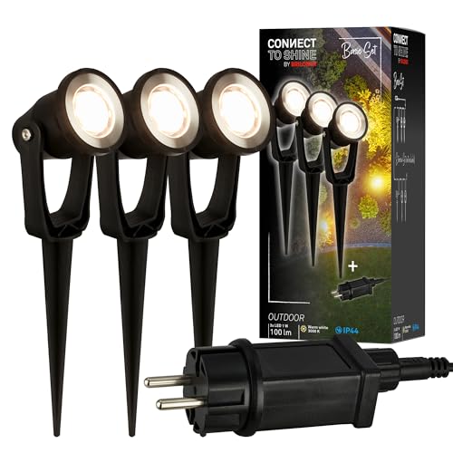 BRILONER - Connect to Shine 12V Gartensystem 3er Set LED Strahler mit Erdspieß, Basisset mit Trafo, IP65, warmweißes Licht, Gartenbeleuchtung, LED Gartenstrahler, 22,5x6x5 cm, Schwarz von BRILONER
