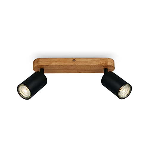 BRILONER Leuchten - Deckenlampe retro mit Holz, 2-flammige Deckenleuchte vintage, 2x GU10 Fassung, verstellbarer LED Spot, rustikaler Deckenspot, Schwarz-Holz, 270x60x85 mm, 2922-025 von BRILONER